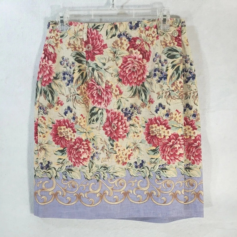 Talbots Petites Skirt 12P Women's Linen Blend Wrap A-Line Red Blue Green Floral